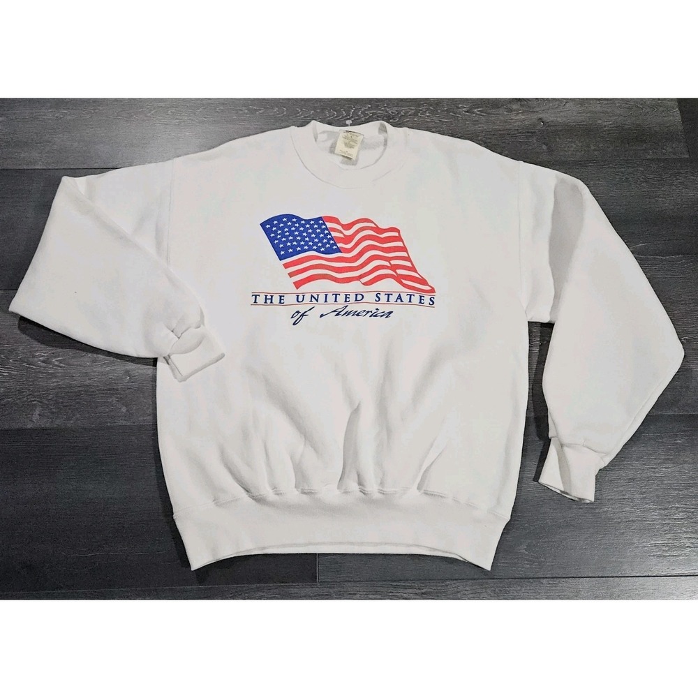 Vintage Jerzees Super Sweats Sweatshirt Adult M White USA Flag Patriotic Y2K